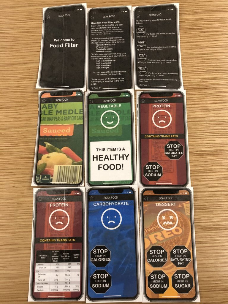Physical prototypes for Food Filter App. These 9 screens show the essential facets of the app.