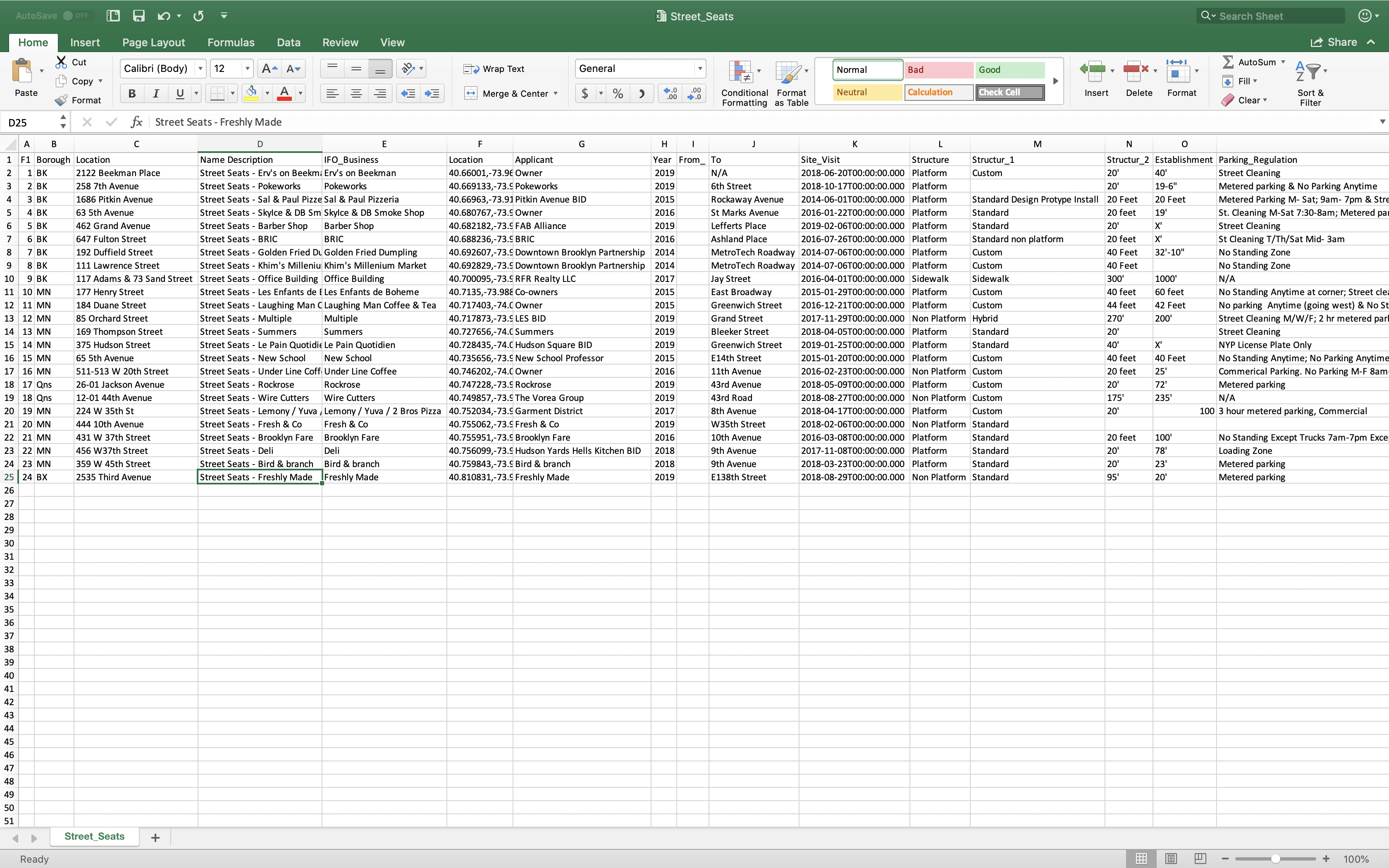 NYC Open Data's Street Seat Database imported into Excel