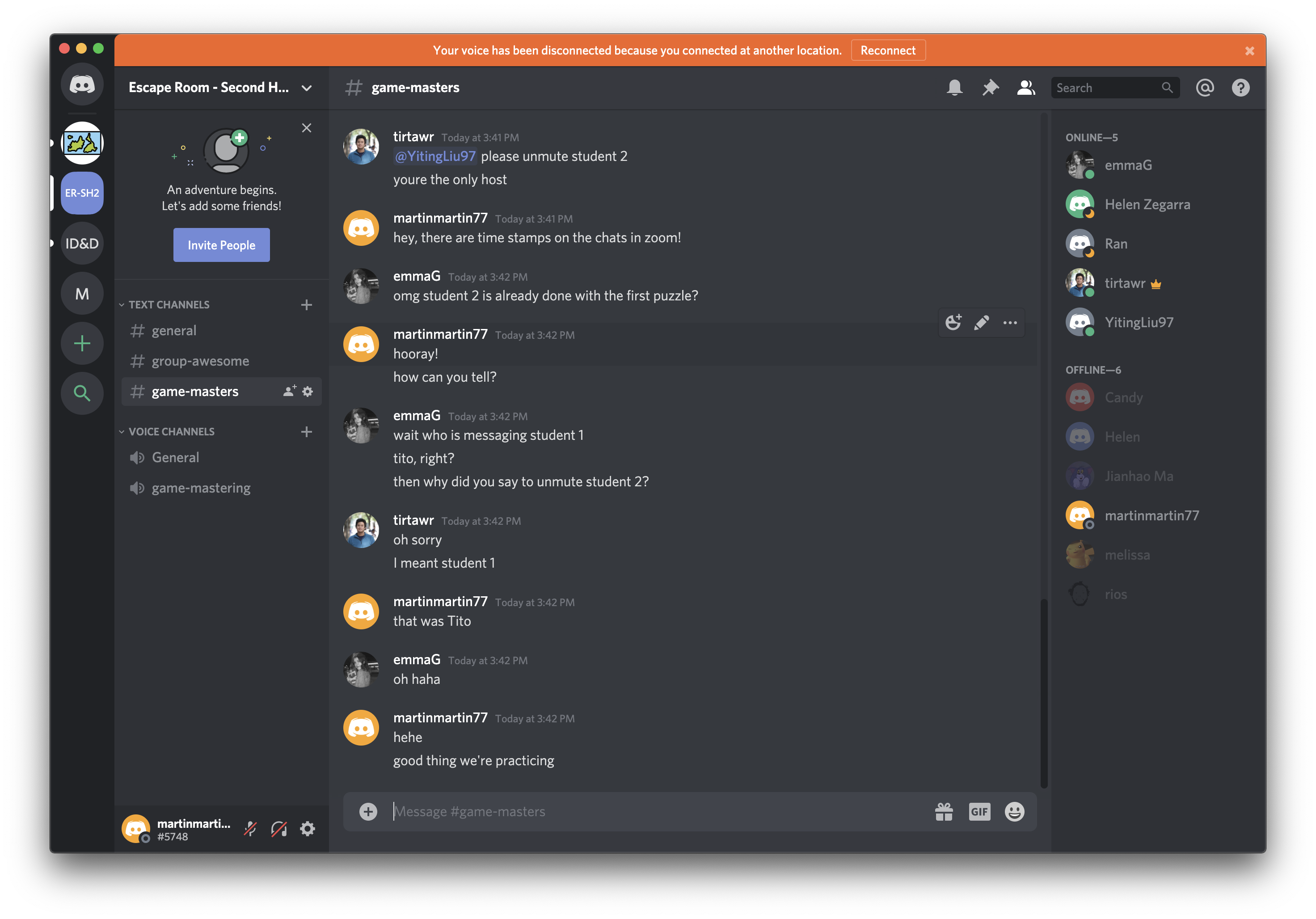 Screen Shot of Discord #game-masters channel while GMing a game