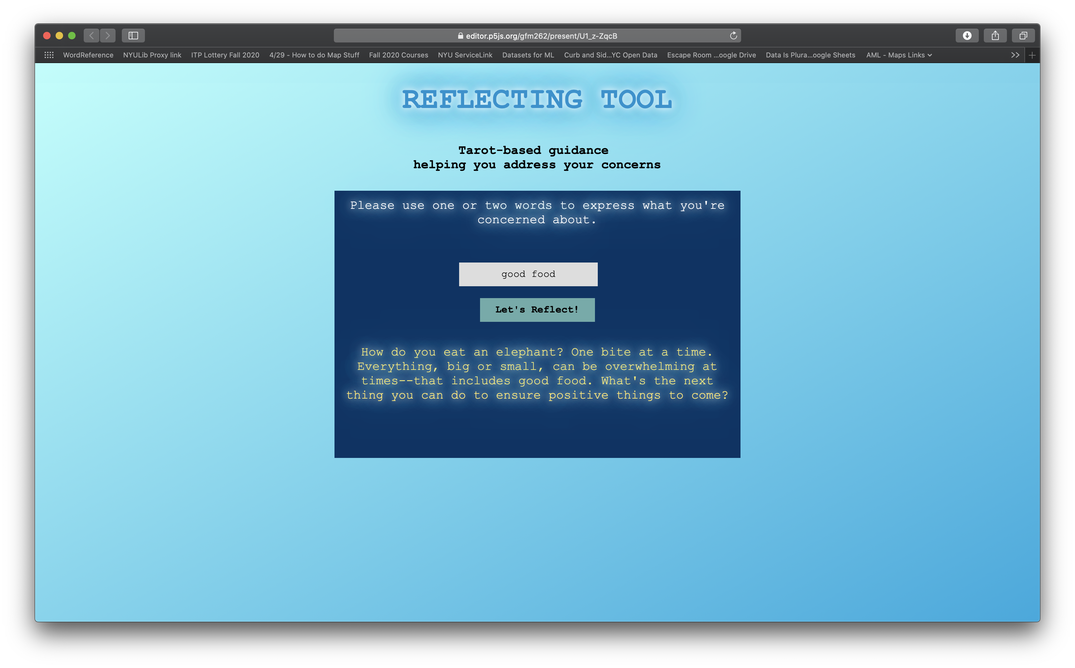 Screen Shot of the Reflecting Tool - A JavaScript Tarot-based Reflective Guidance Tool