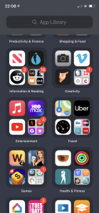 A screen shot of my iPhone X's new App Library screen, organized and grouped using icons.