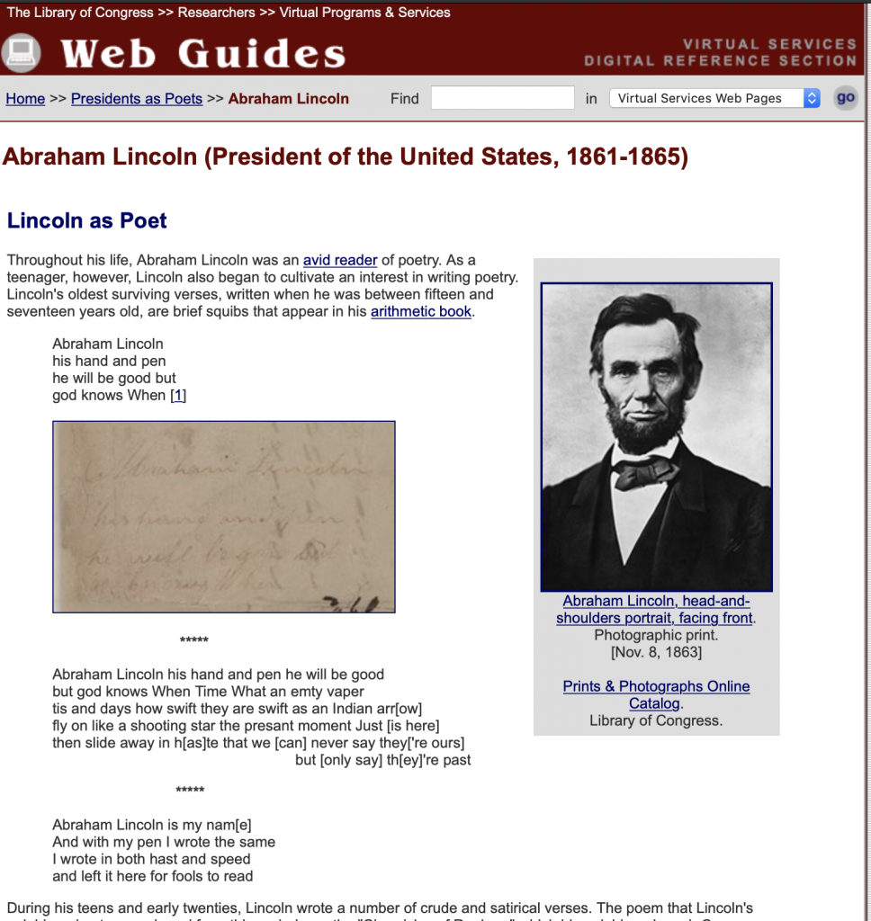 Screen Shot of the Library of Congress' Page for Abraham Lincoln's Poetry`