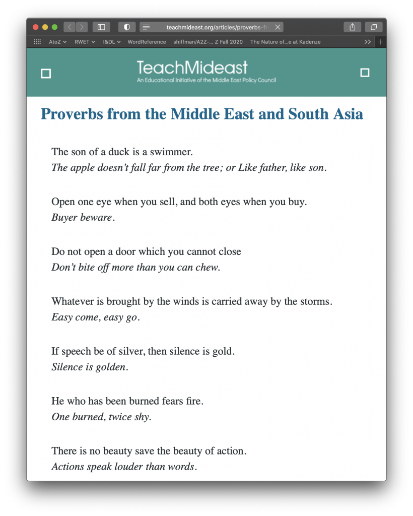 Screen Shot of TeachMideast.com - Proverbs from the Middle East and South Asia along side their Western counterparts